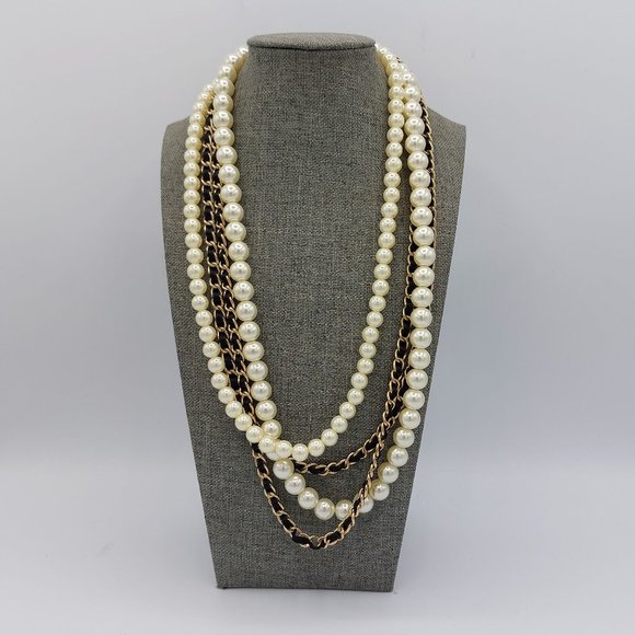 Faux Pearl Necklace 4 Strand Gold Toned Chains Laced - Picture 1 of 9